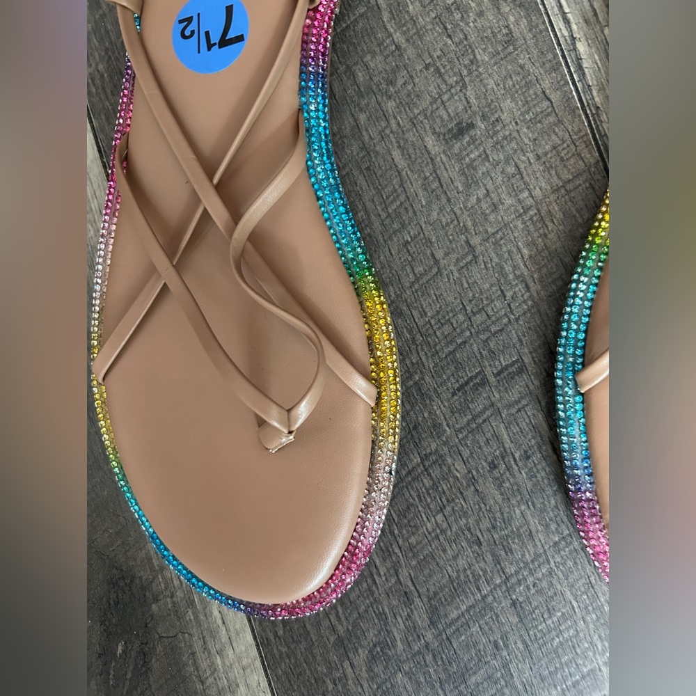 BCBGeneration womens Tarin Sandal , tan & rainbow rhinestone, size 7.5